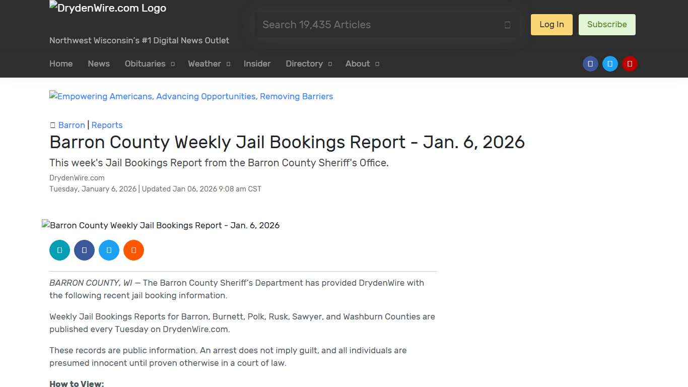 Barron County Weekly Jail Bookings Report - Jan. 6, 2026 | Recent News | DrydenWire.com