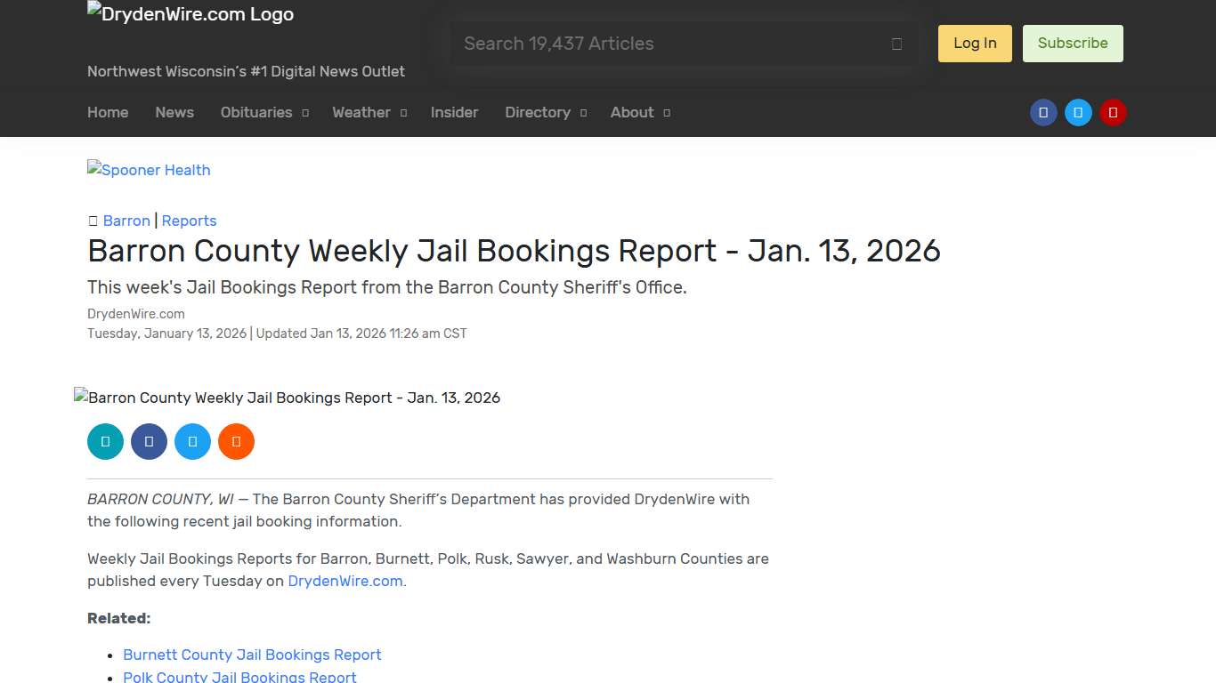 Barron County Weekly Jail Bookings Report - Jan. 13, 2026 | Recent News | DrydenWire.com